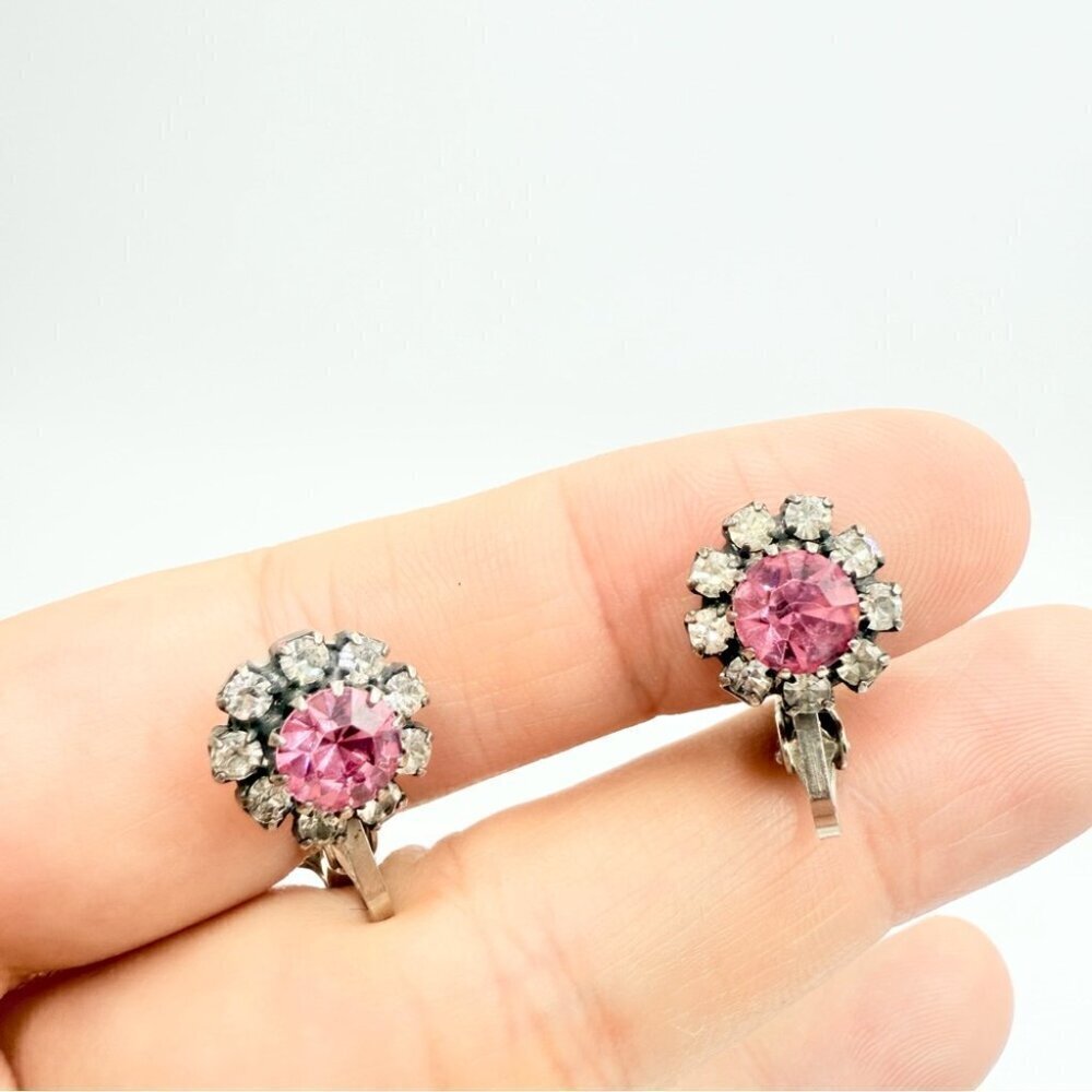 Vintage Pink and Silver Clear Rhinestones Crystal Clip on Earrings
